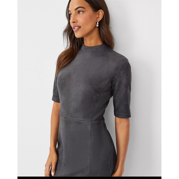 NWT Ann Taylor Dress Sz 8 Gray Faux Suede Mock Neck Short Sleeve Sheath MP $159 - Picture 5 of 15